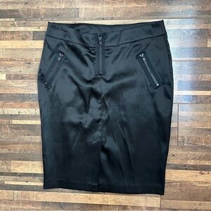 Picasso Style Y2K Zipper Accent Satin Pencil Skirt Black Sz M